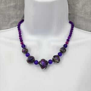 Purple Beaded Necklace with Galaxy-Inspired Statement Beads 19" Collar Length